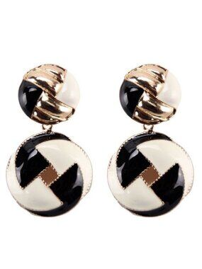 Double Round Vintage Retro 80s Black Gold Enamel Statement Earrings